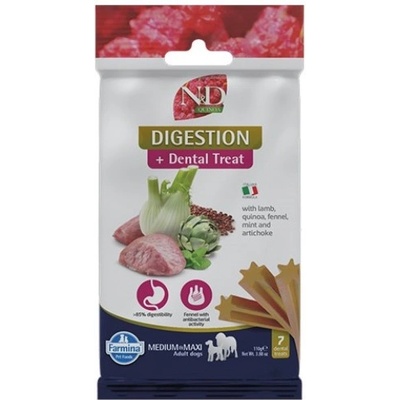 Farmina N&D Quinoa Digestion Dental Care Treat With Lamb, Fennel, Mint and Artichoke Medium Maxi - Дентални стикове за кучета от средни и едри породи с агнешко, киноа, фенел, мента и артишок - 100 гр, Италия - KND0011004