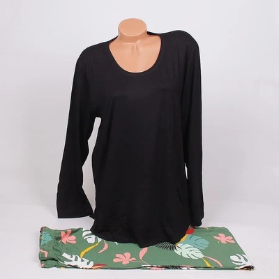 Макси пижама в черно и зелено с шарени листа