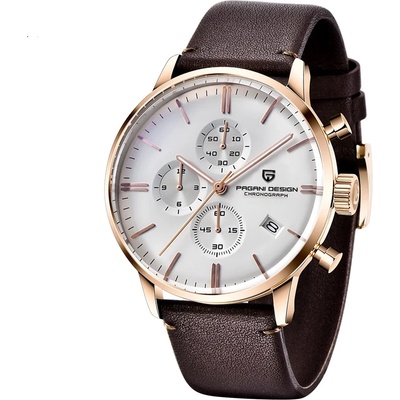 Pagani Design Мъжки часовник Pagani Design Larith, Кварцов, Естествена кожа, Хронограф, Кафяв / Бял (PD-2720K-BROWN-WHITE)