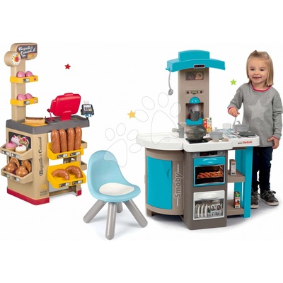 Smoby Set kuchynka skladacia Tefal Opencook Bubble modrá s magickým bublaním a kávovarom a pekáreň Bageteria s koláčmi a stoličkou