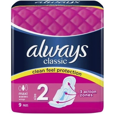 Always Дамски превръзки с крилца Always Classic - Maxi Dry, 9 броя