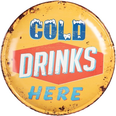 Žlutá nástěnná kovová kulatá cedule na zeď Cold drinks Here - Ø 35*2 cm - Clayre & Eef