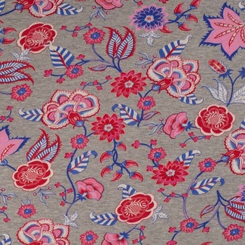 Teplákovina šedá melanž, červeno-modrý kvetinový vzor, š.155