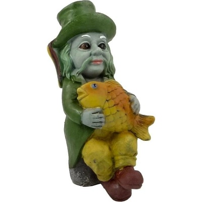 Vodník sedící na pařezu malý s rybou 16cm