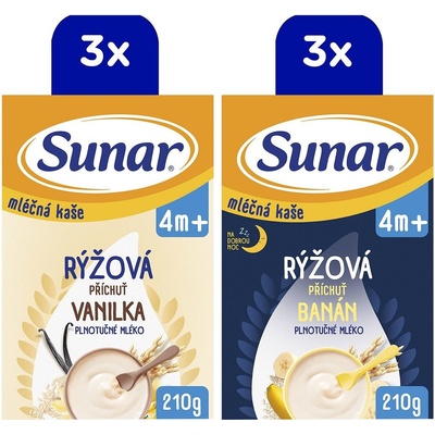 Sunar mléčná rýžová kaše mix příchutí 6 x 210 g