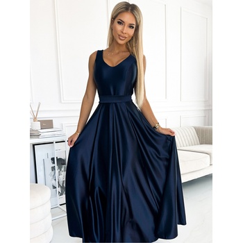 Numoco Дълга сатенена миди рокля с деколте и панделка - тъмносиня Numoco CINDY numoco | Sin | ЖЕНИ | S