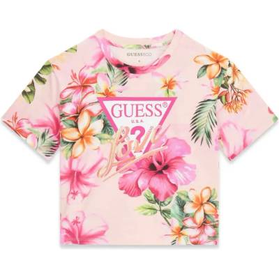 GUESS Къса тениска за момиче в розово с цветя и лого Guess Love