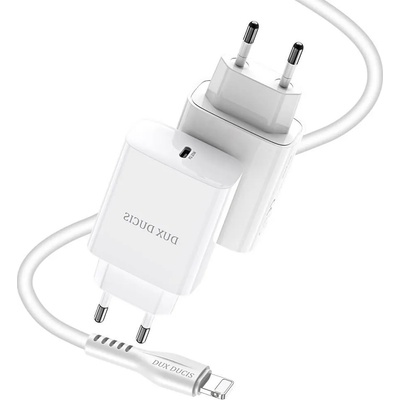 Dux Ducis Power Delivery USB-C PD Wall Charger 20W - захранване за ел. мрежа с USB-C изход с технология за бързо зареждане и USB-C към Lightning кабел (бял)