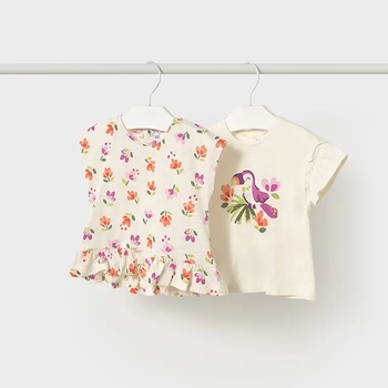 MAYORAL Комплект 2 тениски къс ръкав бял-оранжев с цветя и папагал за мини момиче Майорал