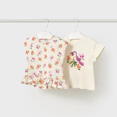 MAYORAL Комплект 2 тениски къс ръкав бял-оранжев с цветя и папагал за мини момиче Майорал