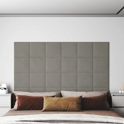 vidaXL Стенни панели, 12 бр, светлосиви, 30x30 см, кадифе, 1, 08 м2 (343807)