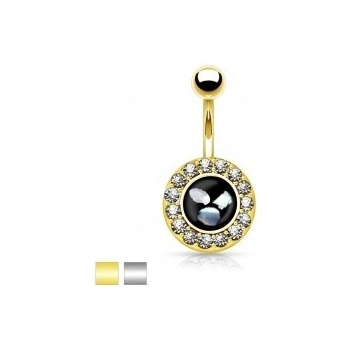 Šperky eshop oceľový piercing do brucha čierny kruh s kúskami perlete, zirkónový lem AB32.16 Zlatá