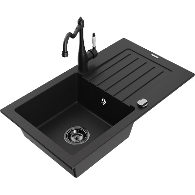 Mexen Pablo гранитна мивка с 1 корито, отцедник и кухненски смесител Carla, черен - 6510-77-670700-70-B (6510-77-670700-70-B)