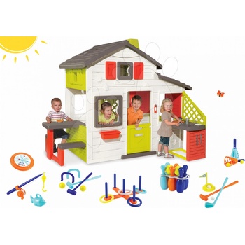 Smoby 8102012 Domček Priateľov s kuchynkou a tečúcou vodou + fúrik set s vedrom náradím a krhlou+kosačka