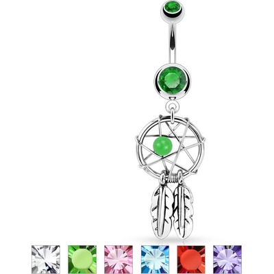 Šperky eshop ocelový piercing do pupíku lapač snů dvě pírka zirkony korálek S86.19 čirá C