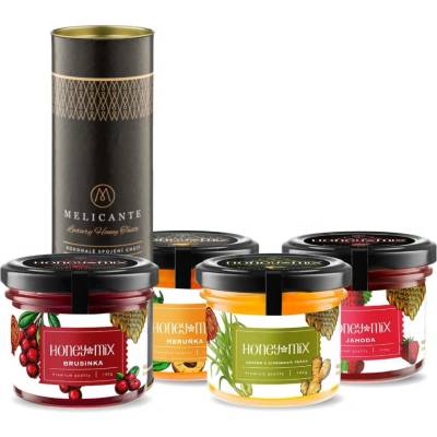 HoneyMix Dárková sada medů Brusinka, meruňka, jahoda a zázvor 4x140 g
