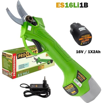PRO-CRAFT Ножица лозарска, акумулаторна, PROCRAFT ES16Li1B, 16V, 2Ah, 25 мм, безчетков мотор (ES16Li1B)
