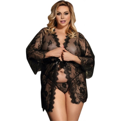 Subblime Queen Plus - дамски сатенен халат с дантела - черен (XL-2XL)
