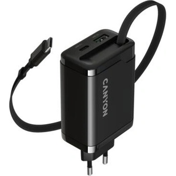 CANYON OnCharge 65RC 65W GaN зарядно с вграден USB-C кабел (USB-C 65W + USB-C 60W + USB-A 30W, EU, черно) (CNS-CURC65ACB)