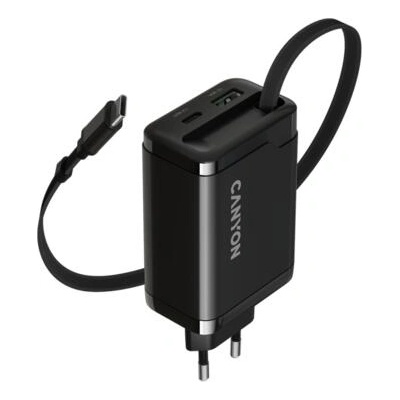 CANYON OnCharge 65RC 65W GaN зарядно с вграден USB-C кабел (USB-C 65W + USB-C 60W + USB-A 30W, EU, черно) (CNS-CURC65ACB)