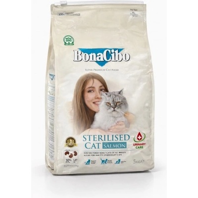 BonaCibo Light & Sterilised Salmon Adult Cat - Пълноценна храна за израснали кастрирани котки с наднормено тегло със сьомга 5 кг