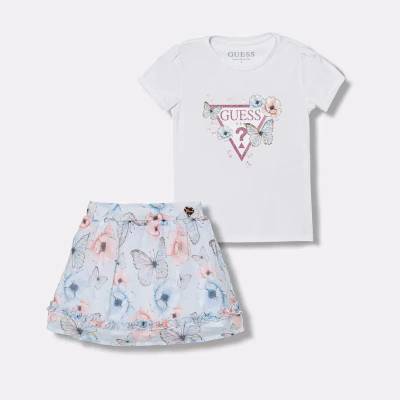 Guess Комплект бяла тениска с пеперуди и шифонена пола за мини момиче Guess