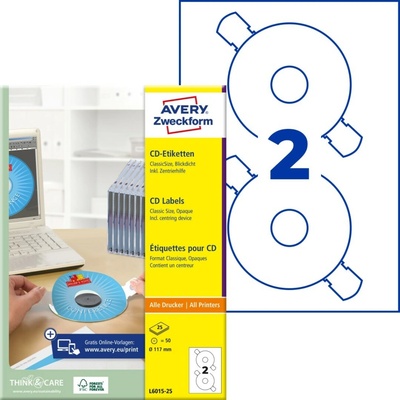 Avery Zweckform L6015-25 CD/DVD etikety 50 ks průměr 117 mm bílé