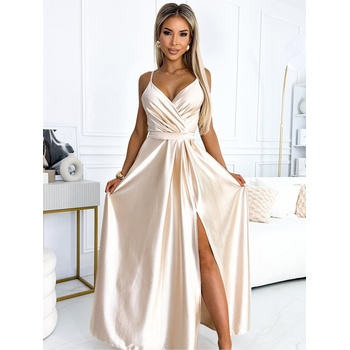 Numoco Елегантна дълга сатенена рокля с деколте и разрез на крачола - бежова Numoco JULIET numoco | Bezhov | ЖЕНИ | M