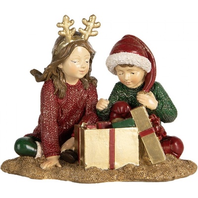 Vánoční dekorace figurka dětí rozbalujících vánoční dárečky – 14x9x11 cm
