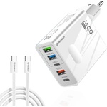 Techsuit - Премиум стенно зарядно PentaXPower (CHC1) - Включен кабел Type-C, 3x USB, 2x Type-C PD 25W, 65W, GaN, 1m - Бял