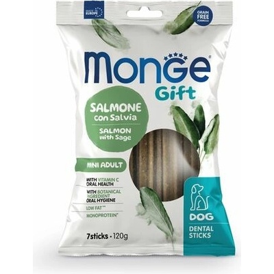 MONGE GIFT Dental Sticks Mini /7ks dentálna pochúťka pre psov losos so šalviou 120 g