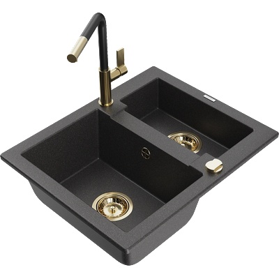 Mexen Carlos мивка от гранит 1, 5-коморна с кухненски смесител Flora, черен накрапян - 6518-76-670401-57-G (6518-76-670401-57-G)