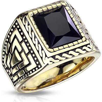 Šperky Eshop Pánský ocelový prsten zlaté barvy s černým kamenem a ornamenty Z11.19 Velikost:
