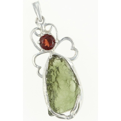 My Moldavite Stříbrný přívěsek s přírodním vltavínem a granátem naleštěný anděl 26 109