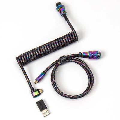 Кабел за клавиатура Keychron Colorful Premium Angled Coiled Aviator Rainbow Plated Black (Cab-7), от USB C(м) към USB C(м), 1.08м, черен (Cab-7)