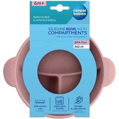 Canpol Silikonová miska se 3 přihrádkami a přísavkou Dots růžová 360 ml