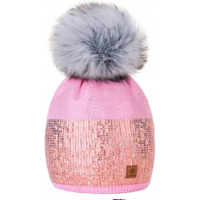 Fashionweek dámská Lesklá flitrová čepice bohatý styl s bambulí flísová podšívka MONTANA Růžovy