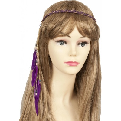 Čelenka do vlasů fialová s peříčky - 27 cm - Clayre & Eef