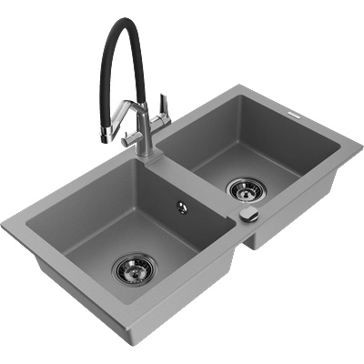 Mexen Mario двукамерна кухненска мивка от гранит с кухненски смесител Duo, сива - 6504-71-671701-07-B (6504-71-671701-07-B)