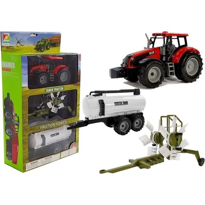 LEAN TOYS Červený traktor so zelenými hrabľami a bielou cisternou na vodu