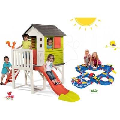 Smoby set domeček na pilířích Pilings House s 1,5 m skluzavkou a vodní dráha Aquaplay 'n Go v kufříku 810800-19