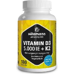 Vitamaze Витамин D3 5000 IU + K2 100 g, високодозиран и вегетариански - 180 таблетка