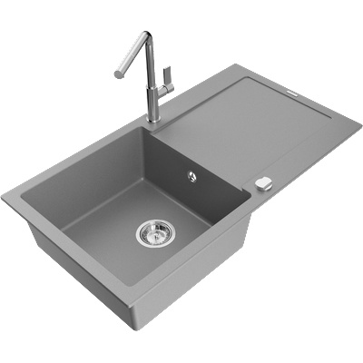 Mexen Leo гранитна кухненска мивка с 1 корито с отцедник и кухненски смесител Flora, сив - 6501-71-670401-00 (6501-71-670401-00)