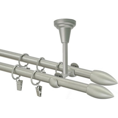 OK-GarnýžeCZ Garnýž kovová dvouřadá 16mm Špice double stříbrná mat 220 cm do stěny / na tunýlek - bez kroužků