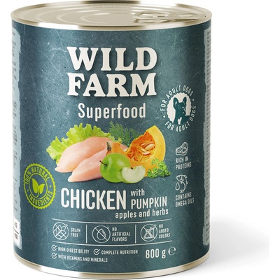 WILD FARM Superfood Chicken (Пилешко с тиква, ябълка и билки) 800 г беззърнена храна за кучета