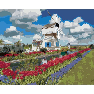 ZUTY Maľovanie podľa čísel VETERNÝ MLYN A TULIPÁNY DENNIS FRATES Rámovanie bez rámu a bez vypnutia plátna Rozmer 80 x 100 cm
