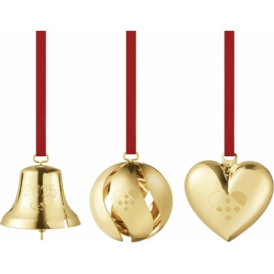 Georg Jensen Vánoční sada 3 pozlacených ozdob 2025 Bell Ball Heart sběratelská edice, stříbrná barva