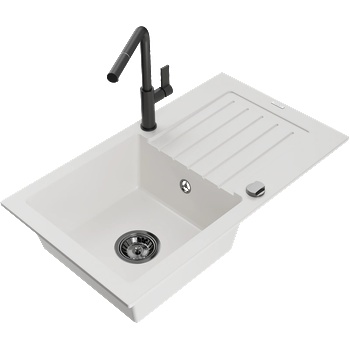 Mexen Pablo гранитна мивка с 1 корито с дренаж и кухненски смесител Flora, бял - 6510-20-670401-70-B (6510-20-670401-70-B)