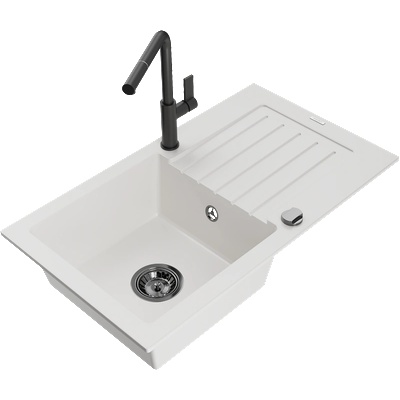 Mexen Pablo гранитна мивка с 1 корито с дренаж и кухненски смесител Flora, бял - 6510-20-670401-70-B (6510-20-670401-70-B)