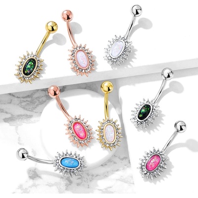 Šperky eshop ocelový piercing do pupíku oválné sluníčko s barevným syntetickým opálem a krystaly AA22.23 stříbrná zelená